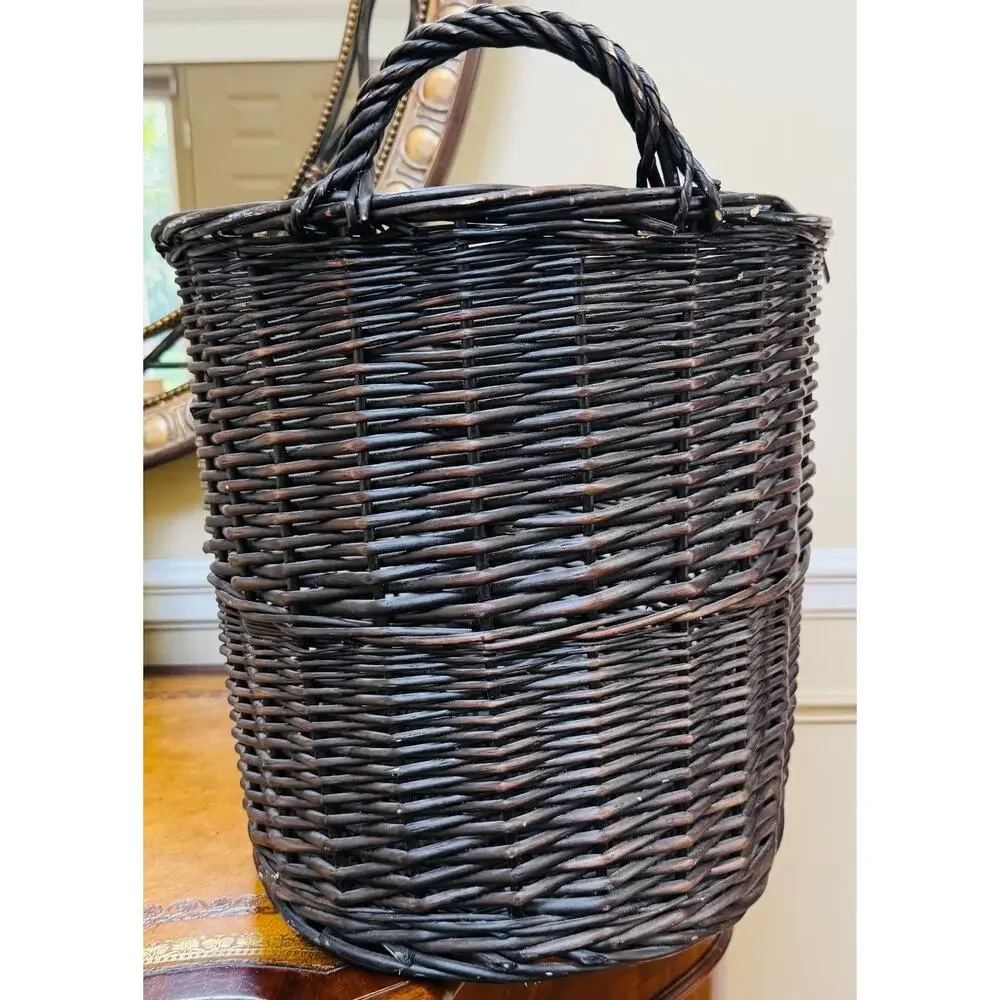 Boho Extra Large Deep Oval Dark Brown Rattan Storage Basket w Braid Loop Handle